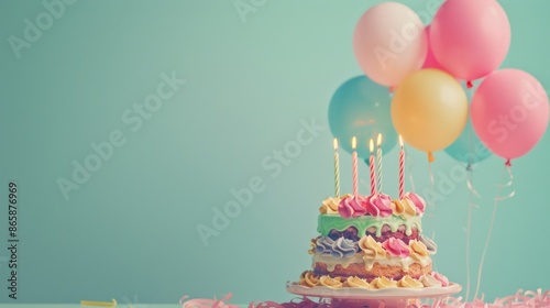 Multi-tiered, colorful birthday cake. Multi-tiered birthday cake with colorful icing. Light a birthday candle and balloons on top Against a pastel background, the web banner has copy space for text on