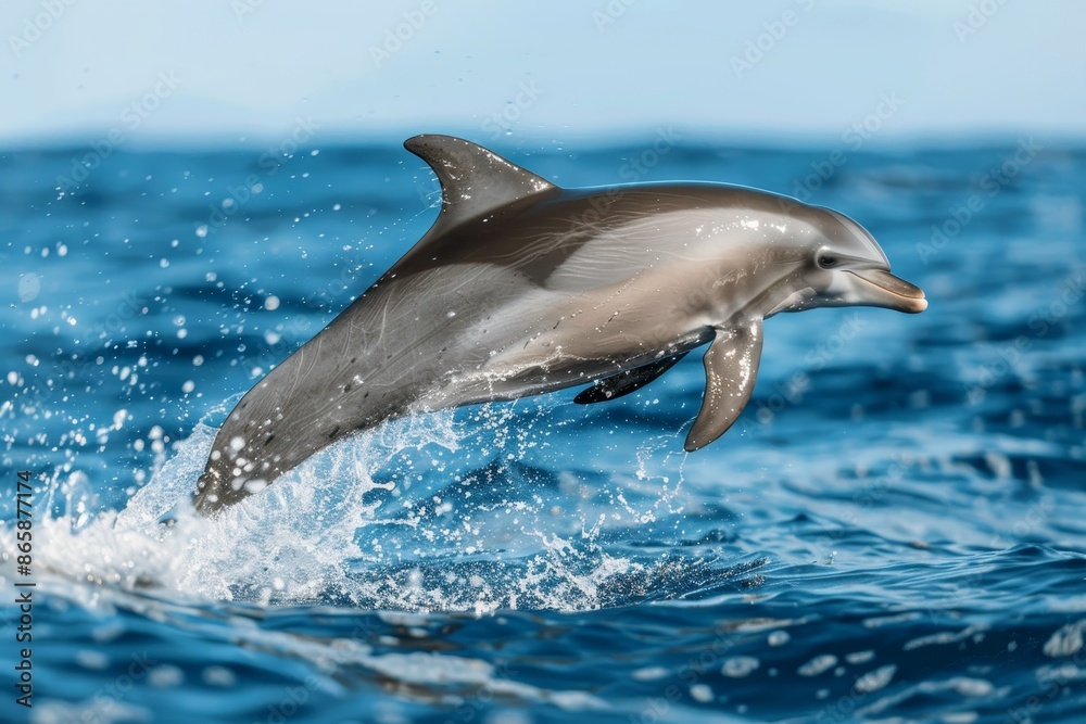 Naklejka premium A playful dolphin leaps out of the ocean, its sleek body glistening in the sunlight, against a backdrop of sparkling blue waves and a cloudless sky