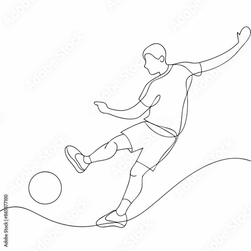 Continuous one line draw of young energetic football attacker kicking ball really hard to the goal (15)