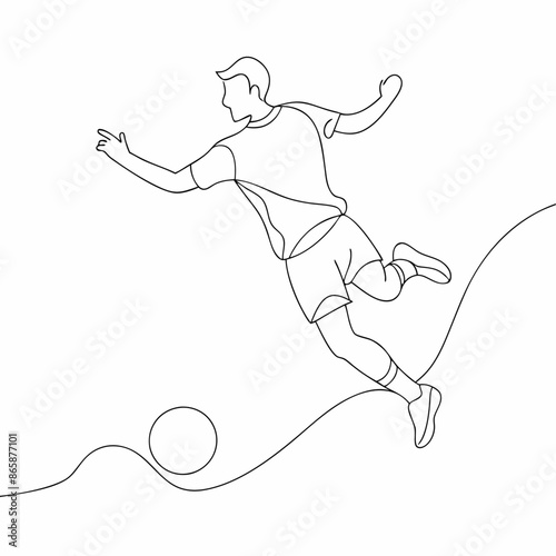 Continuous one line draw of young energetic football attacker kicking ball really hard to the goal (16)