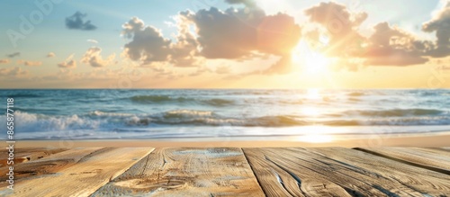 Blurred sky and sun background at a tropical sandy beach with a wooden table and space for product ads - A composition capturing the essence of summer tranquility. photo