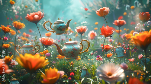 Scene from Alice in Wonderland with flying teapots and cups
