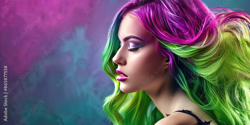 a beautiful woman facing to the side with bright green and purple long hair, a beautiful woman facing to the side with bright green and purple long hair,