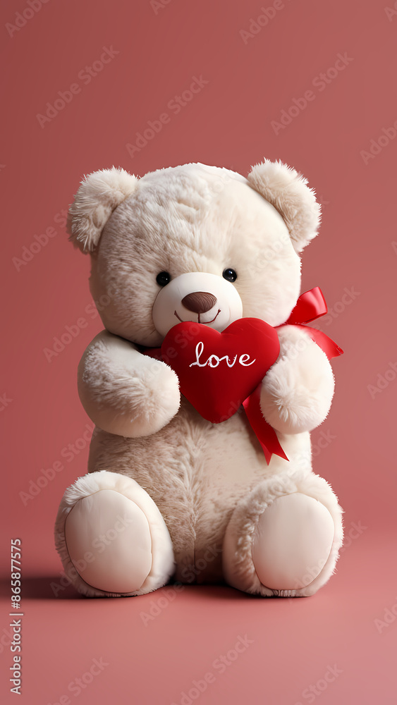Obraz premium White teddy bear red heart pink background, , Valentine day and Love Card