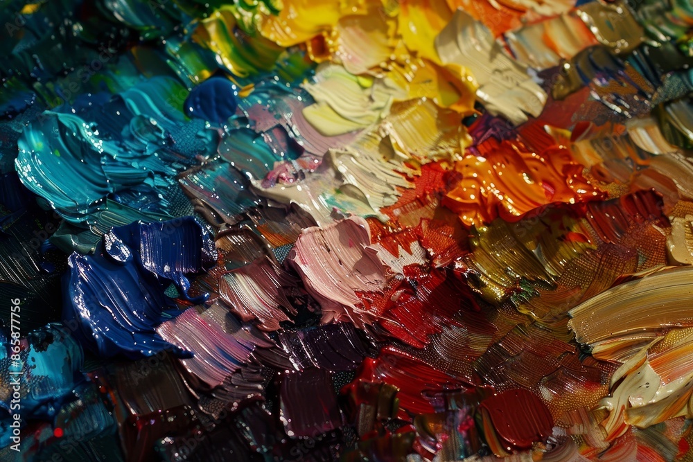 Fototapeta premium A close-up of an artist's palette filled with a variety of mixed paints, each color telling a story of the creative process and the journey of the artwork