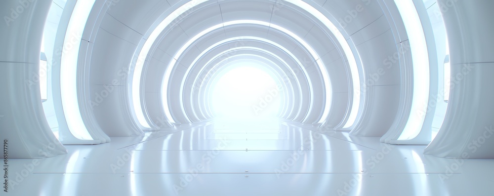 Fototapeta premium Futuristic white tunnel with arched design, glowing lights, and a sleek, reflective surface. Ideal for sci-fi, modern architecture concepts.