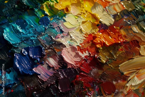 A close-up of an artist's palette filled with a variety of mixed paints, each color telling a story of the creative process and the journey of the artwork © SUPHANSA