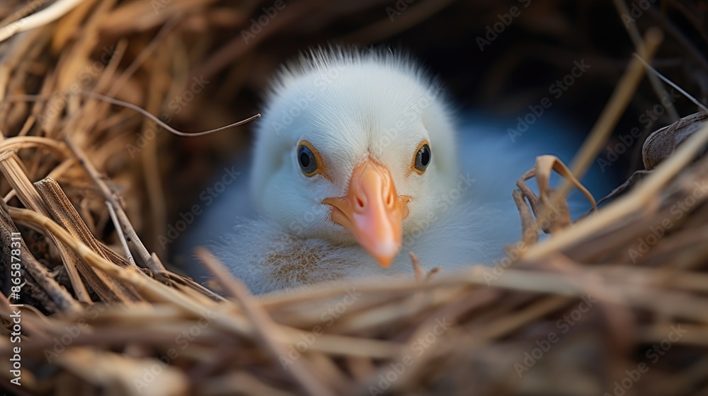 Delicate Moment of Life: Close-Up of Duck Egg Hatching with Beak Breaking Through Shell on Soft Nest Background - Realism and Nature Photography Delicate Moment of Life: Close-Up of Duck Egg Hatching with Beak Breaking Through Shell on Soft Nest Background - Realism and Nature Photography