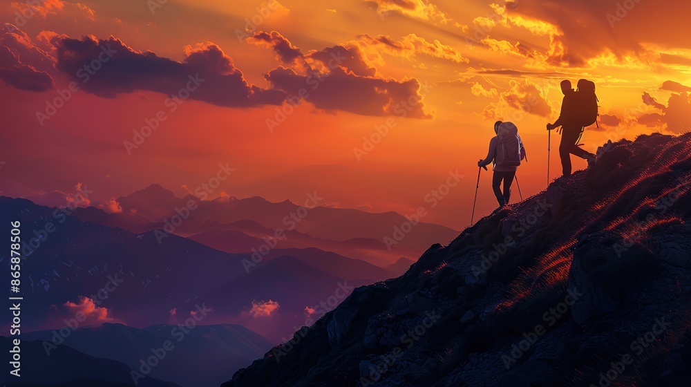 Attractive Two people on a mountain with mountains in the background Attractive Two people on a mountain with mountains in the background