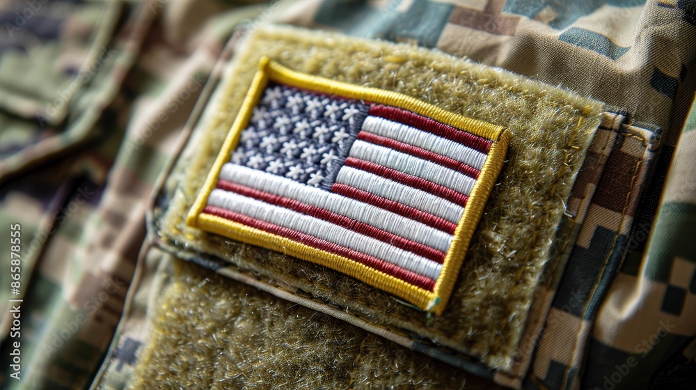 Fototapeta premium Patriotism Symbol: Close-up of American Flag Patch on Military Uniform