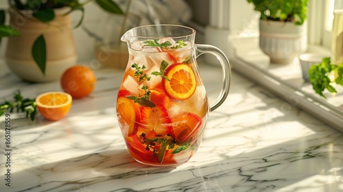 Refreshing citrus fruit infused water or lemonade in glass pitcher on sunny kitchen counter. Concept of summer drinks, healthy lifestyle, detox, and refreshment. photo