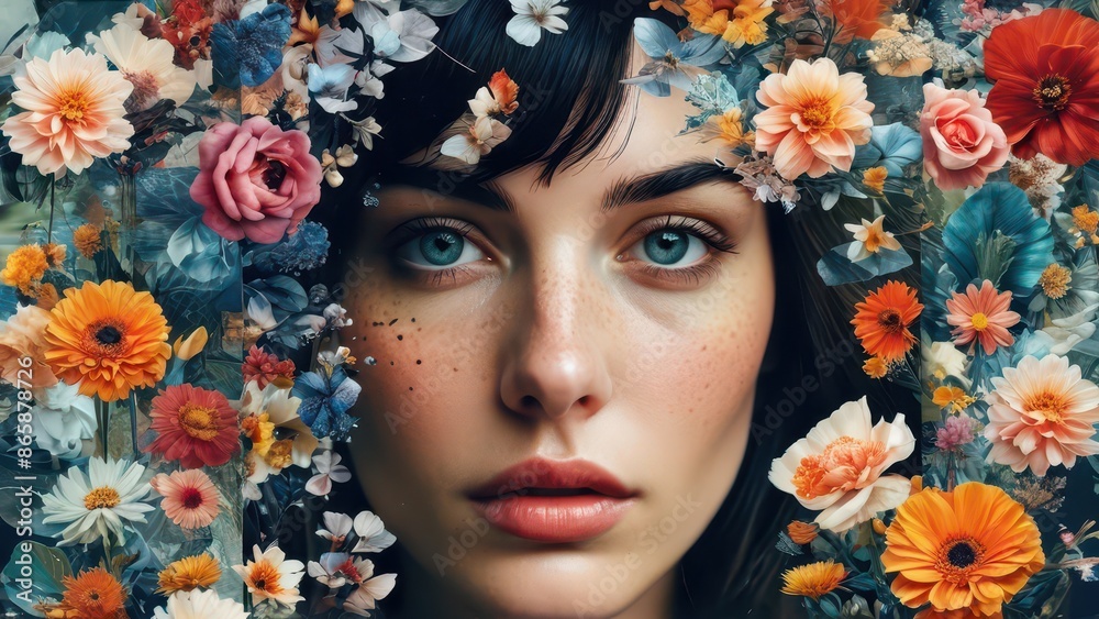 Woman's Face Surrounded by Flowers. Woman's Face Surrounded by Flowers.