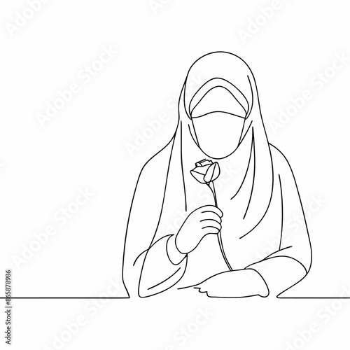 Continuous one single line drawing of young attractive asian muslimah wearing burqa cloth holding rose flower (21)