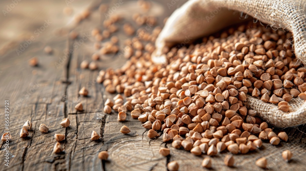 Nutritious raw buckwheat on wooden surface promoting healthy eating and eco conscious lifestyle Nutritious raw buckwheat on wooden surface promoting healthy eating and eco conscious lifestyle