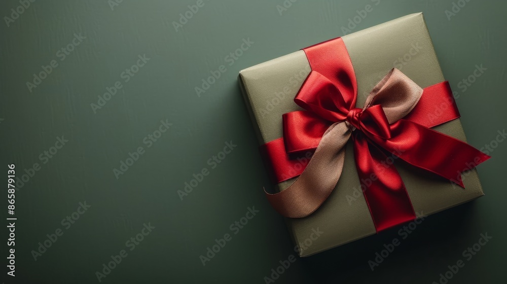 gift box tied with a ribbon bow in military colors on green background with copy space defender of the fatherland day or veterans day banner design