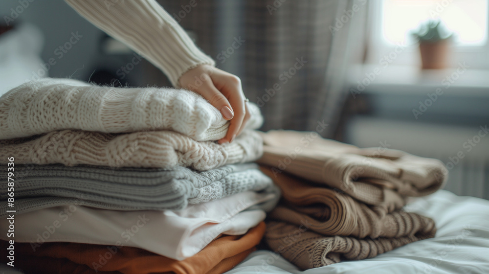 Fototapeta premium woman's hand holding a pile of folded clothes, minimalist bedroom background, Ai generated Images