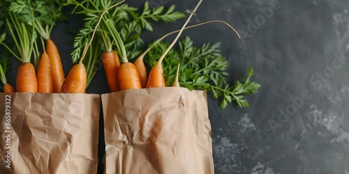 Ecofriendly carrots in recyclable packaging promote sustainable zer. Concept Eco-friendly Packaging, Sustainable Agriculture, Zero Waste Practices, Promoting Sustainability, Healthy Eating photo