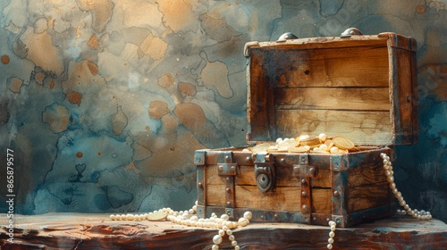 Watercolor painting of a treasure chest with pearls and gold coins, copy space banner, vintage background 