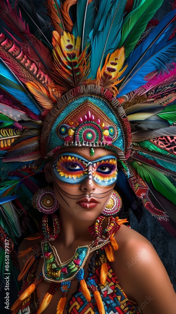 Young woman at a carnival in Brazil Beautiful Latin American woman wearing an intricate headdress made of colorful feathers Young woman at a carnival in Brazil Beautiful Latin American woman wearing an intricate headdress made of colorful feathers