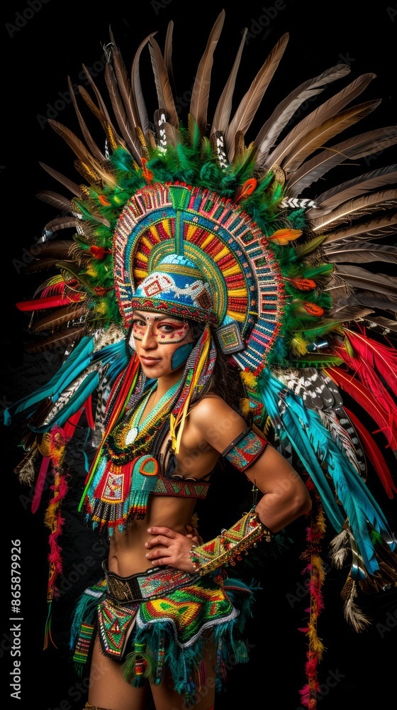 Young woman at a carnival in Brazil Beautiful Latin American woman wearing an intricate headdress made of colorful feathers Young woman at a carnival in Brazil Beautiful Latin American woman wearing an intricate headdress made of colorful feathers