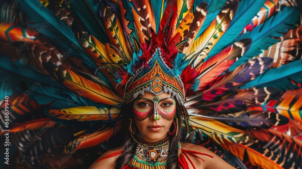 Naklejka premium Young woman at a carnival in Brazil Beautiful Latin American woman wearing an intricate headdress made of colorful feathers 
