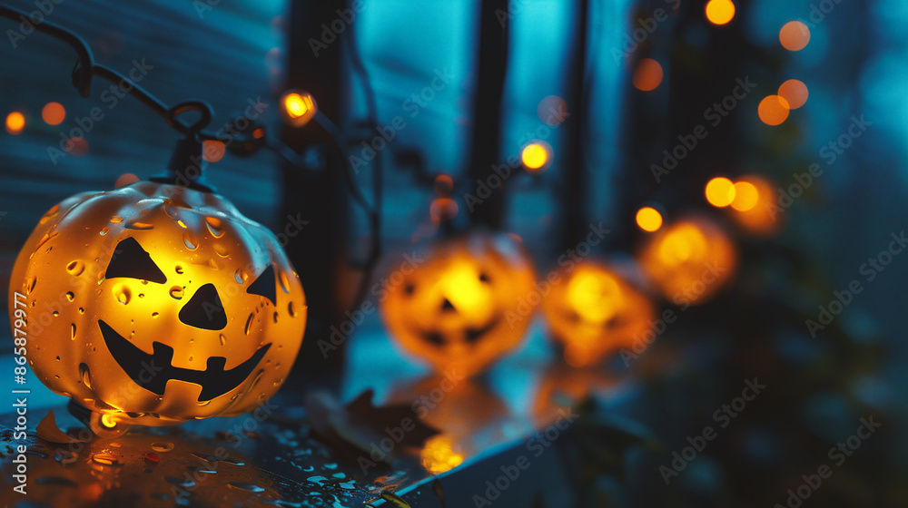 Halloween lanterns with scary faces on blurred background, closeup Halloween lanterns with scary faces on blurred background, closeup
