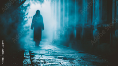 Silhouette of a man walking in a foggy street © Jioo7