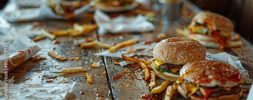 Food residue and napkins on a fast food restaurant table, dirty table, unclean photo