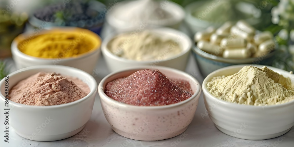 Diverse Range of Health and Beauty Supplements, Including Collagen Vitamins and Protein Powders. Concept Health Supplements, Beauty Supplements, Collagen Vitamins, Protein Powders, Diverse Range Diverse Range of Health and Beauty Supplements, Including Collagen Vitamins and Protein Powders. Concept Health Supplements, Beauty Supplements, Collagen Vitamins, Protein Powders, Diverse Range