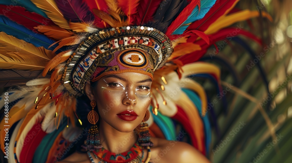 Young woman at a carnival in Brazil Beautiful Latin American woman wearing an intricate headdress made of colorful feathers Young woman at a carnival in Brazil Beautiful Latin American woman wearing an intricate headdress made of colorful feathers