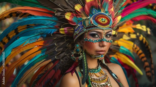 Young woman at a carnival in Brazil Beautiful Latin American woman wearing an intricate headdress made of colorful feathers  © mongkonchai