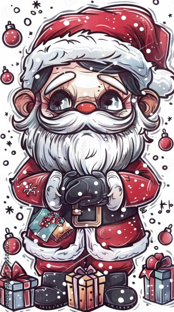 Fototapeta premium Festive Christmas Scene with Santa Claus and Gifts, Celebratory Atmosphere with Happy Children Illustration, Perfect for Book Covers and Interior Pages, AI-Generated High-Resolution Background