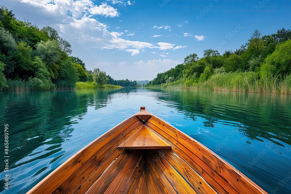 Wooden boat on the lake in the morning, summer season Wooden boat on the lake in the morning, summer season