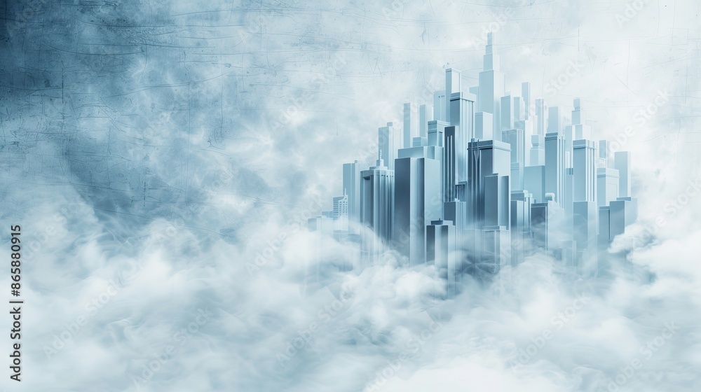 Fototapeta premium Modern city skyline emerging from the clouds, creating a futuristic and surreal urban landscape with skyscrapers and mist.