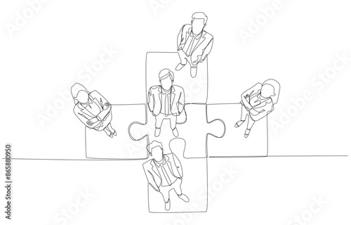 Continuous one line drawing of confident business people standing on connected jigsaw pieces, business collaboration concept, single line art.