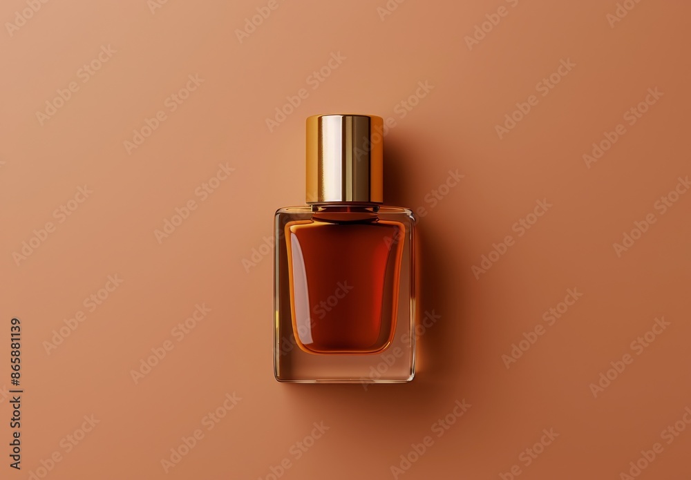 Glass Perfume Bottle With Gold Cap On Orange Background Glass Perfume Bottle With Gold Cap On Orange Background