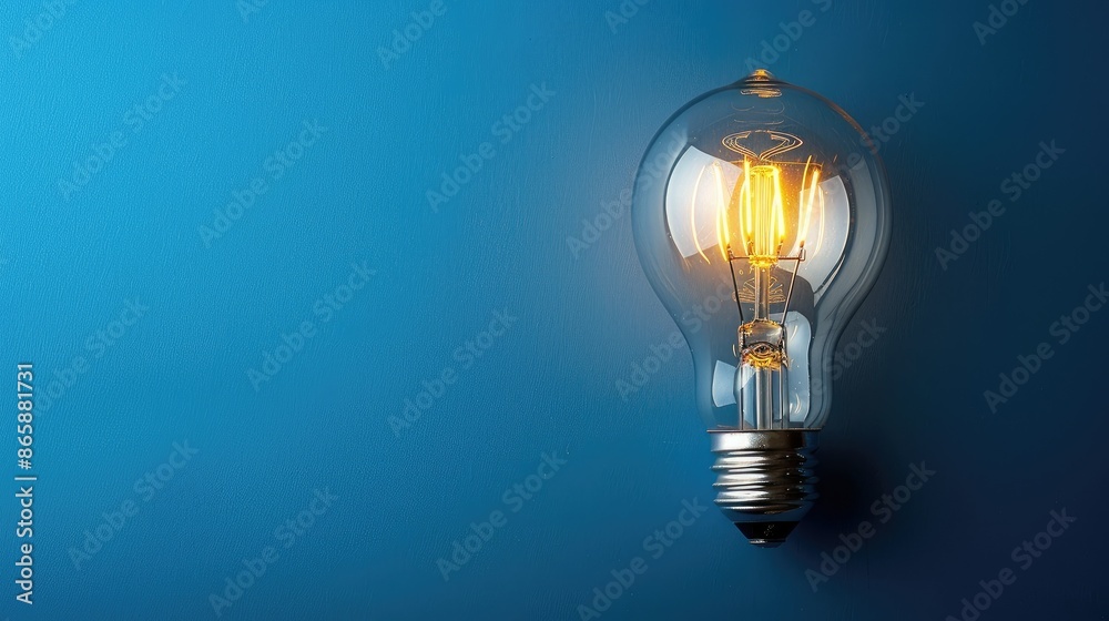 A solitary lightbulb illuminating a blue background with copy space A solitary lightbulb illuminating a blue background with copy space