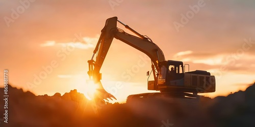 Excavator works in openpit mine with sunset in background dramatic scene. Concept Mining operations, Excavator machinery, Sunset scenery, Open-pit mine, Dramatic atmosphere photo