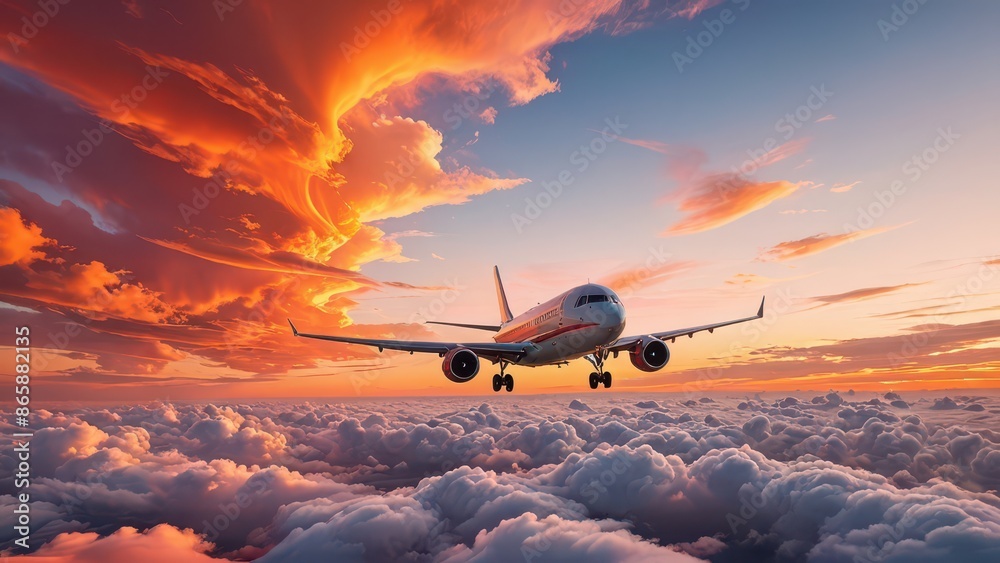 Airplane Flying Through Sunset Clouds. Airplane Flying Through Sunset Clouds.