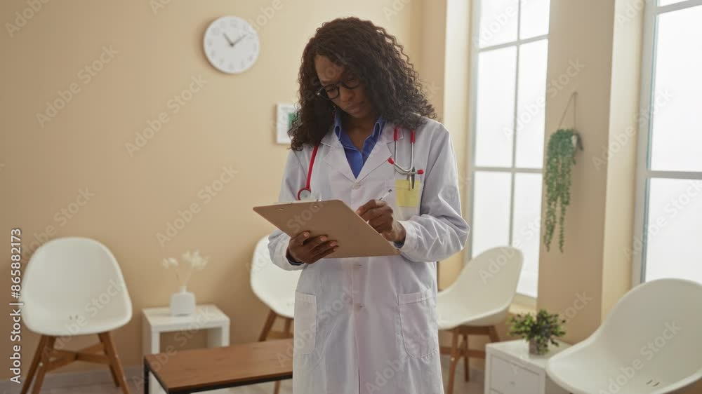 African female doctor in a clinic waiting room, writing notes on a clipboard. African female doctor in a clinic waiting room, writing notes on a clipboard.