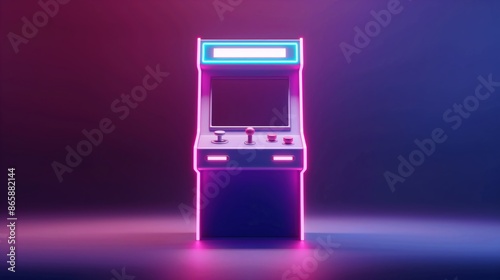 3D illustration of a retro arcade cabinet with neon lights in a purple and blue setting. photo