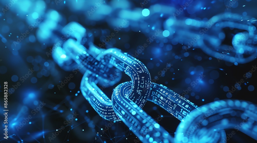 Glowing blue blockchain technology chain with binary code. Concept of cybersecurity, cryptocurrency, mining, data encryption and decentralized network. Glowing blue blockchain technology chain with binary code. Concept of cybersecurity, cryptocurrency, mining, data encryption and decentralized network.