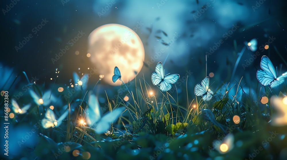 Fototapeta premium Grass ball surrounded by luminous butterflies, set in a tranquil meadow under a full moon