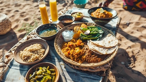 Injera beyaynetu meal in summer on near beach photo