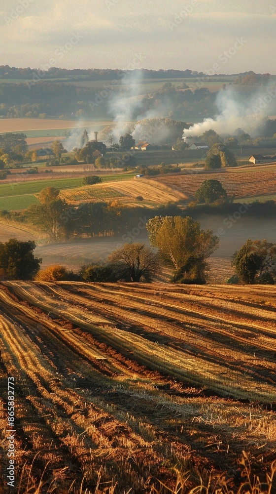 Fototapeta premium Rice fields under the setting sun: The golden rice fields look particularly beautiful under the setting sun, and the rice ears sway gently in the breeze. Autumn, outdoor, city, breath of life, nature,