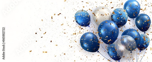 Blue and Silver Balloons With Golden Confetti Against White Background