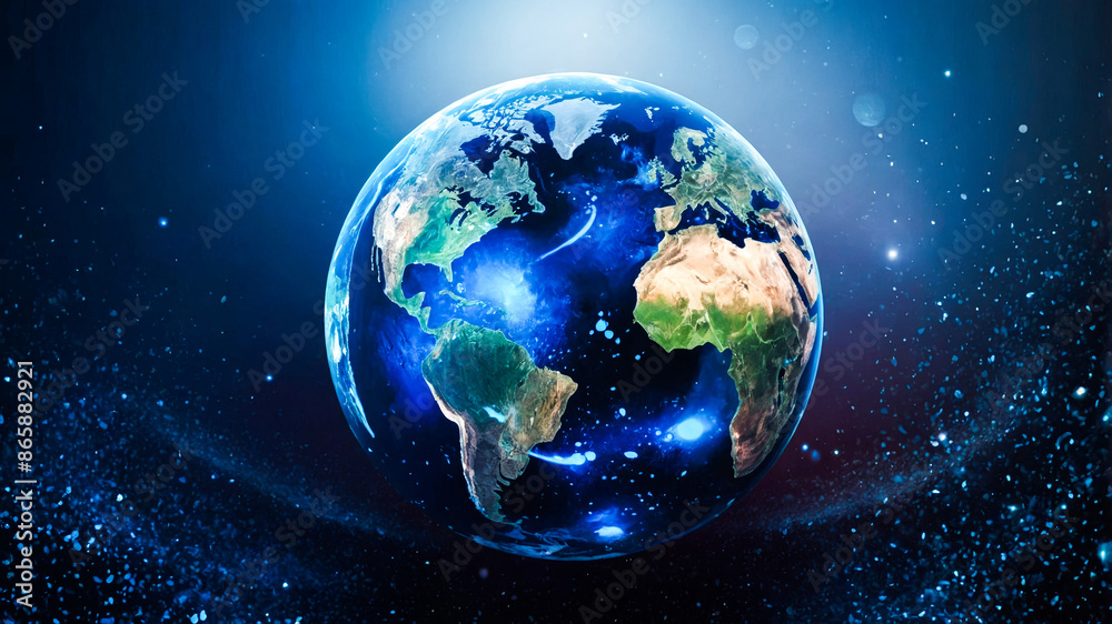 Fototapeta premium Transparent globe of Earth planet from blue glowing particulars on blue background