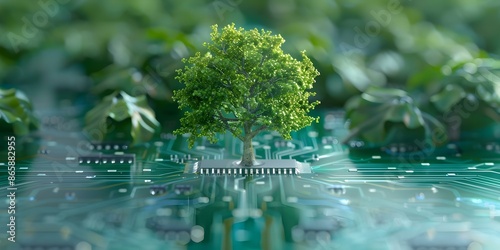 Tree on circuit board symbolizes fusion of nature and technology in balance. Concept Nature and technology, fusion, balance, tree, circuit board photo