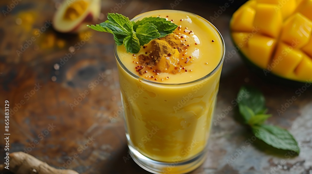 Mango lassi yogurt or smoothie with turmeric healthy probiotic cold summer drink Mango lassi yogurt or smoothie with turmeric healthy probiotic cold summer drink