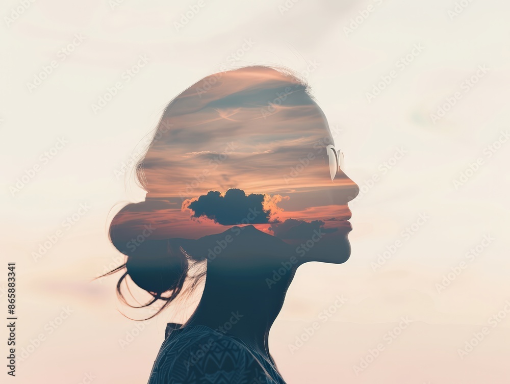 Double exposure silhouette of a woman with a serene sunset. Symbolic image depicting introspection and inner peace. Double exposure silhouette of a woman with a serene sunset. Symbolic image depicting introspection and inner peace.
